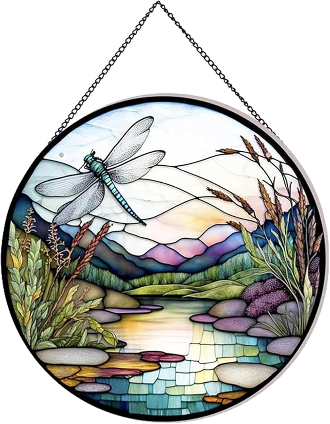 River and Dragonfly Pattern Suncatcher Stained Glass,Hanging Stained Glass for Windows,20cm/7.87inch Hand-Painted Sun Catcher Garden Hangings Painted Glass Panel Decor Themed Gift