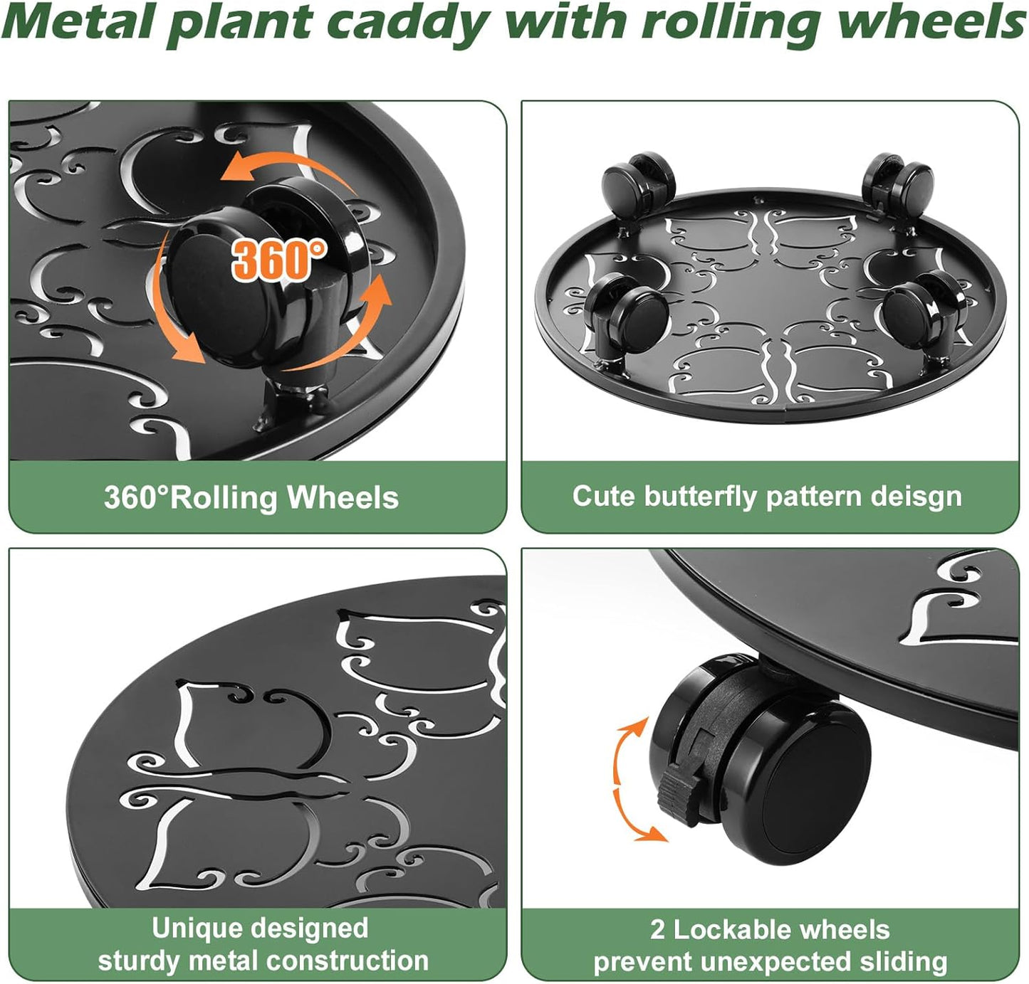 4 Packs 12 inches Large Metal Plant Caddy with Wheels Round Planter Dolly Pot Mover Rollers Wrought Iron Rolling Plant Stands Indoor Outdoor Wheeled Plant Holder Coaster Trolley, Butterfly, Black