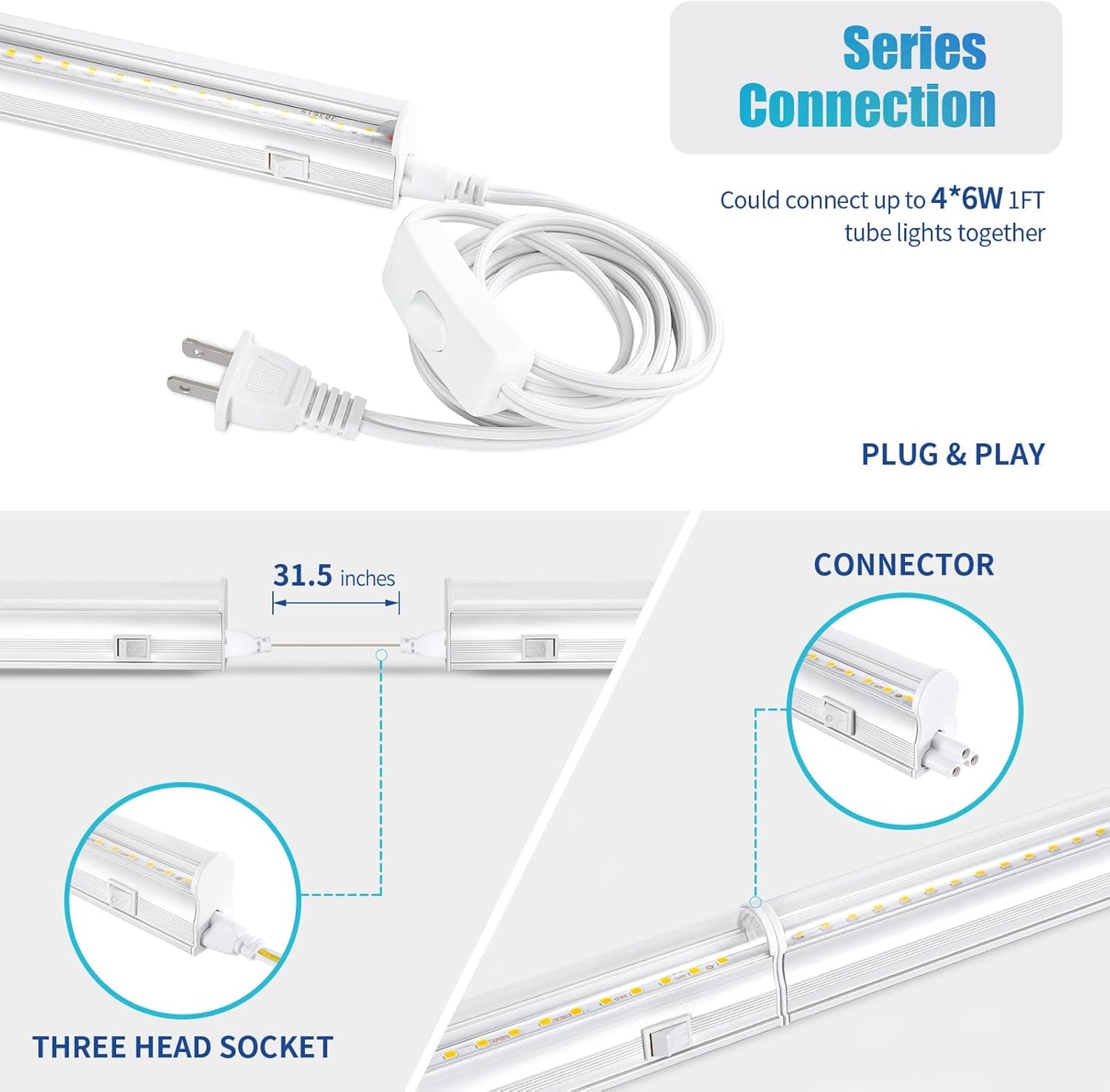 Hywymlait Grow Lights for Indoor Plants, 5000K White Full Spectrum LED Growing Lamp, 1FT T5 Plant Growing Light Strips for Greenhouse Seed Starting, Vegetables, Plug and Use, 4-Pack