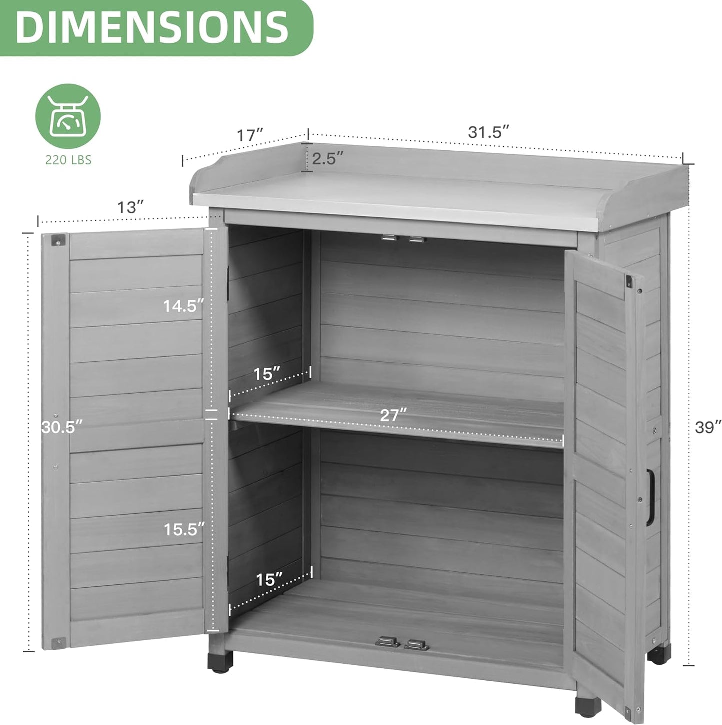 Potting Bench with Storage Cabinet and Metal Table Top for Outdoor Patio, Garden Furniture Wood Workstation (Classsic Grey, 31.5x17x39)