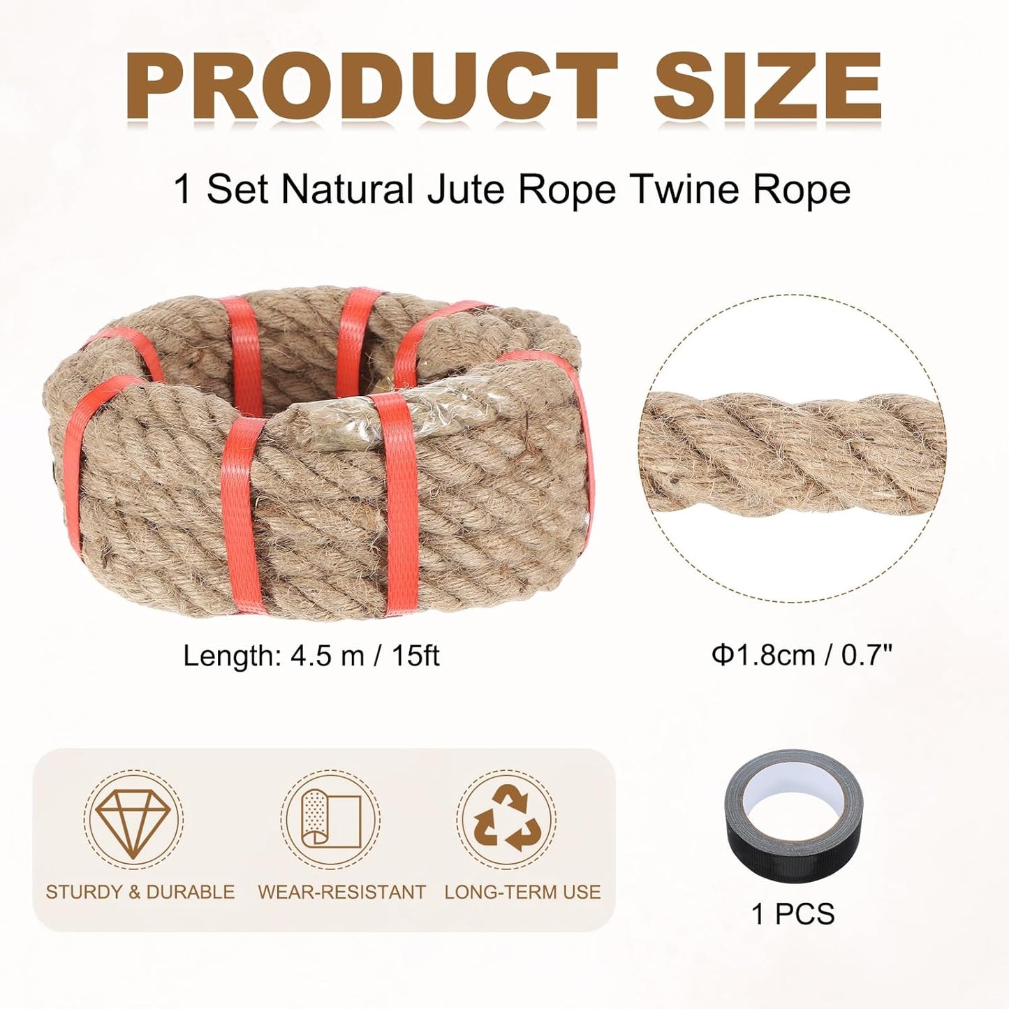 MECCANIXITY Jute Rope 0.7 Inch x 15ft, Thick Twine Rope Ropes Braided Jute Twine Natural Brown Burlap Cord String Heavy Twisted with Tape for Decorative Crafts Railing Swing Tug of War