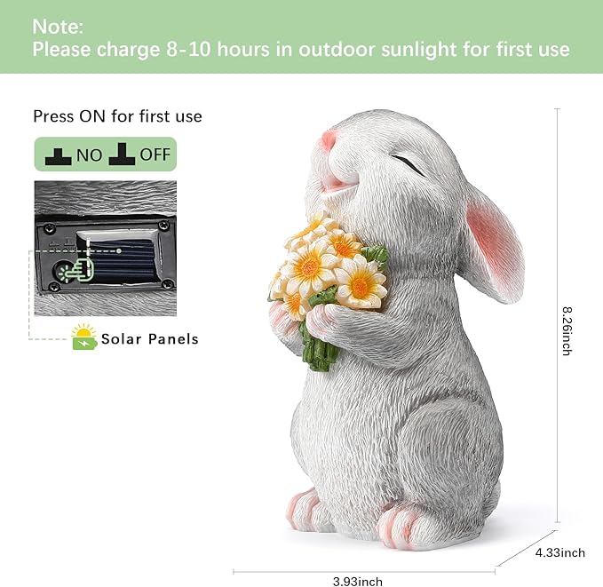 Solar Rabbit Garden Statues Outdoor Bunny Decor Resin Rabbit Figurine Holding Sunflower with LED Lights for Proch Patio Lawn Yard Christmas Housewarming Gardening Gifts for Mom Grandma