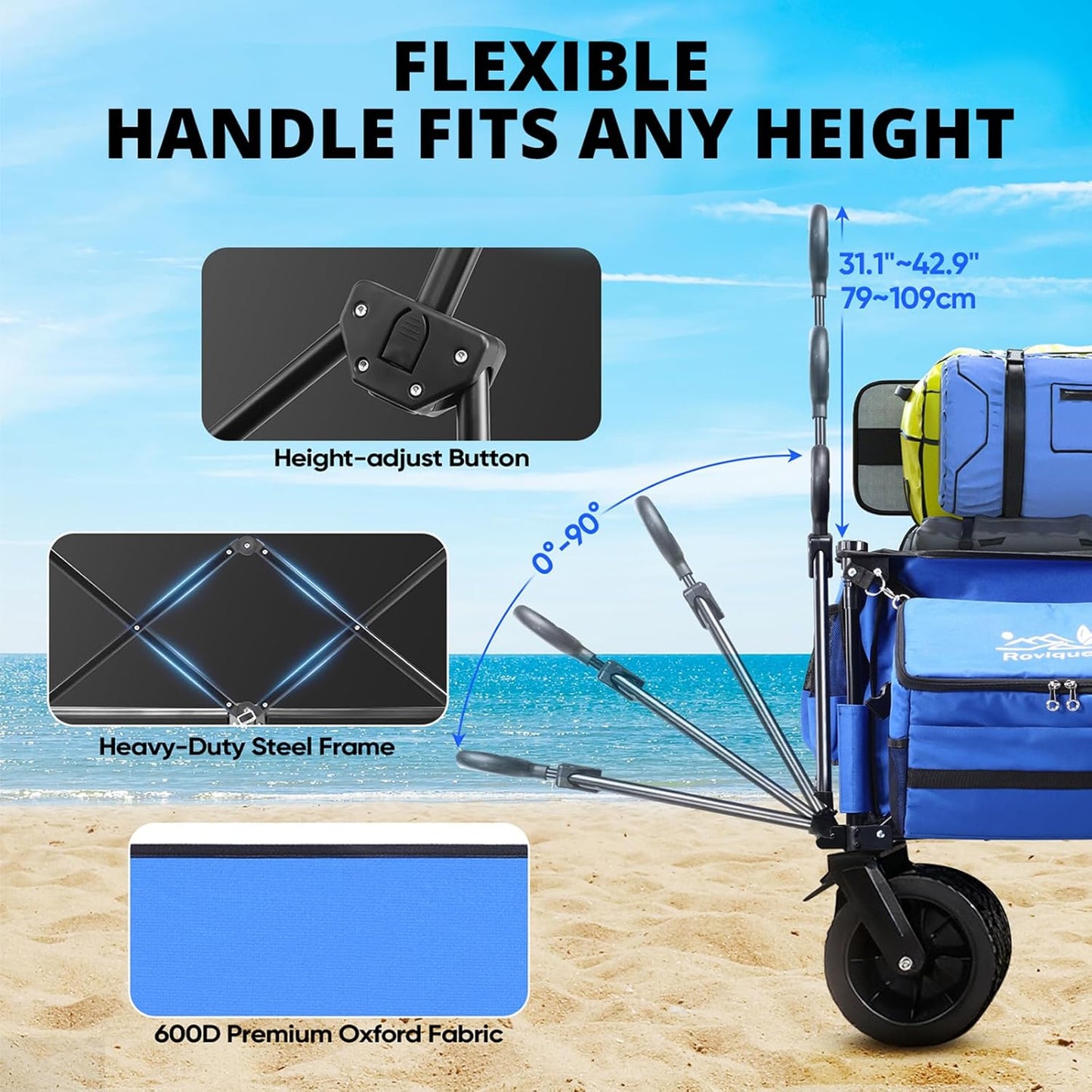 Beach Wagon with Big Wheels for Sand,260L Expandable Storage,Heavy Duty Foldable Beach Cart with 460lbs Capacity,Collapsible Utility Wagon with All-Terrain Wheels for Camping,Sports(Blue)