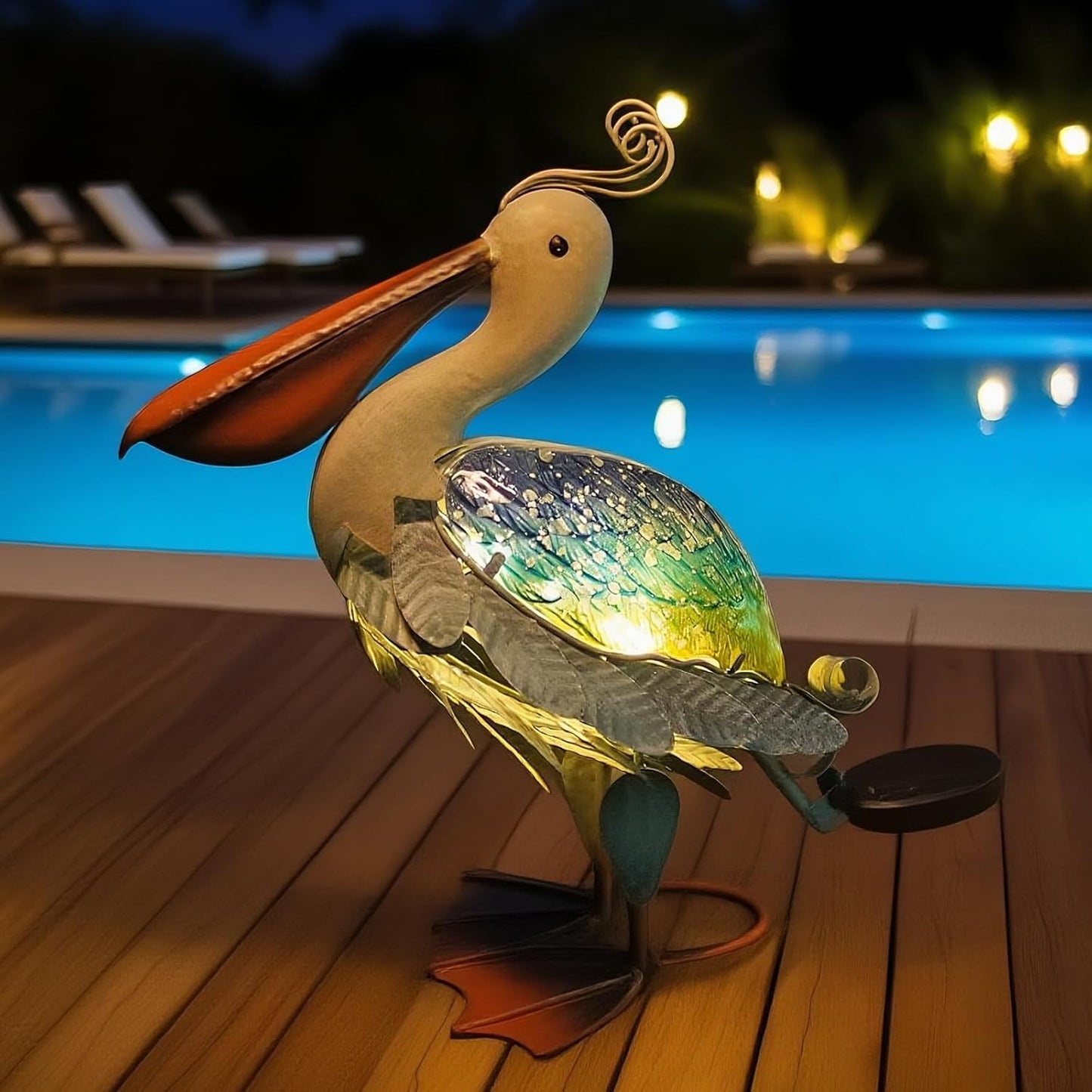 HONGLAND Solar Metal Pelican Statues Garden Sculpture & Statues, 17 Inch Glass Outdoor Pelican Yard Art Coastal Ocean Bird Decor Lawn Ornament for Backyard Porch Patio Decor（Blue-Green）
