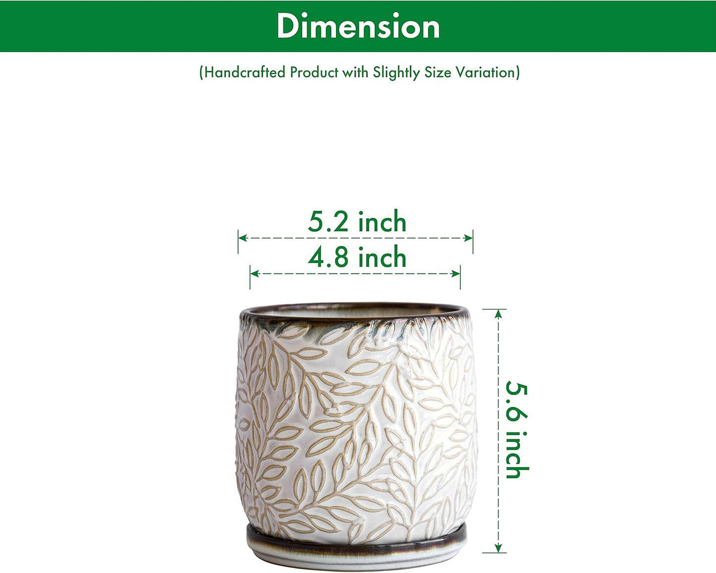D'vine Dev 5 Inch Embossed Leaves Stoneware Planter Pot with Drainage Hole and Saucer, Smoked White, Set of 1, 27-A-V-1