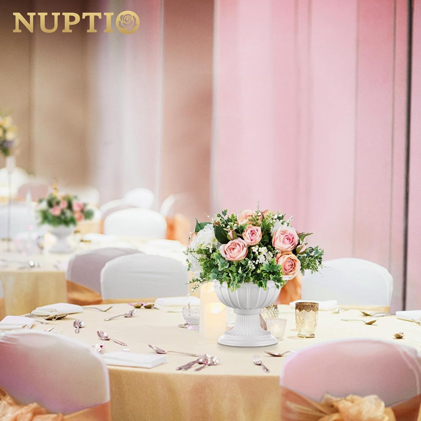 NUPTIO 2 Pcs Classic Urn Planter, 10.23 inches Height Plastic Outdoor Urn, Pedestal Plastic Planter for Garden Front Porch Door, White