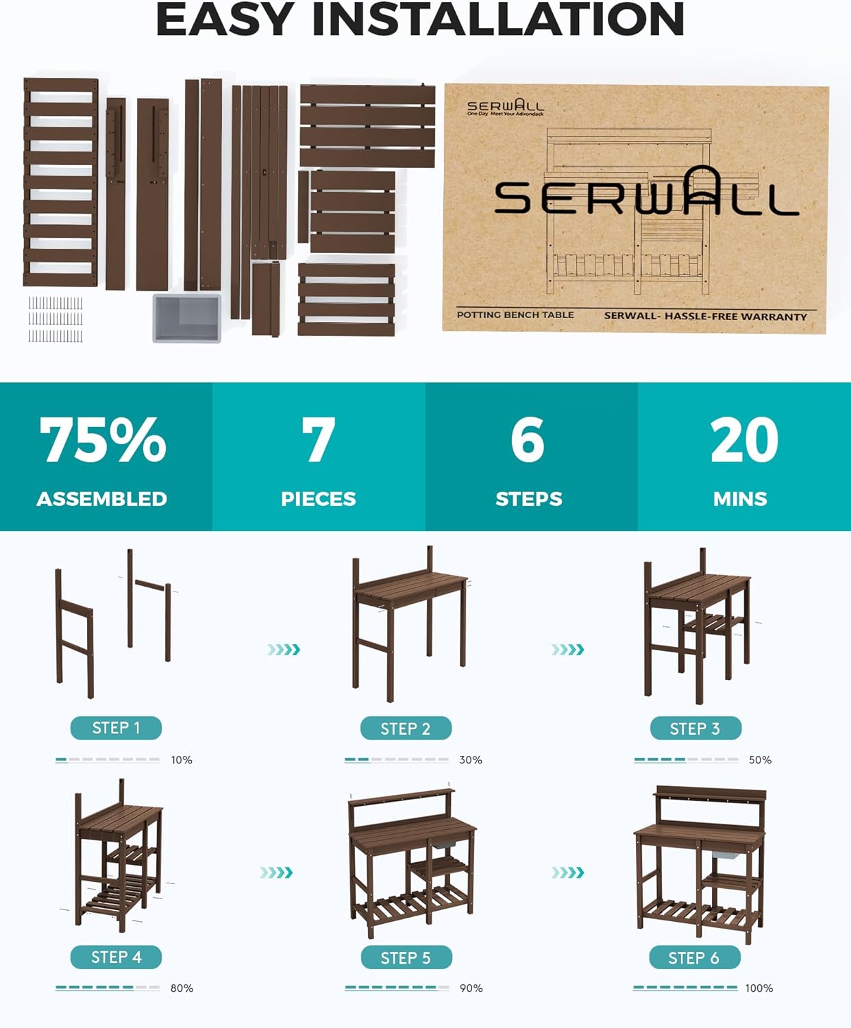 SERWALL Potting Bench Outdoor Potting Table with Sink, HDPE Potting Benches for Outside Gardening Table All Weather Use- Coffee