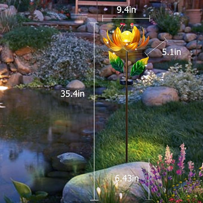 Solar Lights Wind Spinners for Yard and Garden - Metal Lotus Flower Windmills LED Crackle Glass Globe Outdoor Garden Decor Yard Art Lawn Ornament