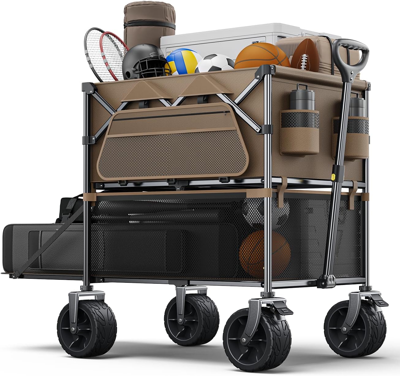Sports Wagon Carts,480Lbs Double Decker Wagon,Foldable Lounge Wagon with Tank Wheels&Side Pocket&Dustbag,New Wave Garden,Camping,Shopping,Beach Wagon to Family Trips and Outdoors Time-Brown