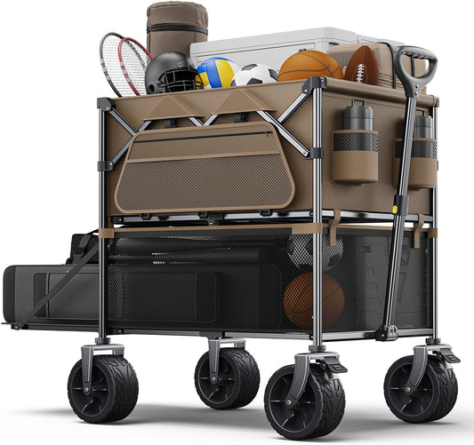 Sports Wagon Carts,480Lbs Double Decker Wagon,Foldable Lounge Wagon with Tank Wheels&Side Pocket&Dustbag,New Wave Garden,Camping,Shopping,Beach Wagon to Family Trips and Outdoors Time-Brown