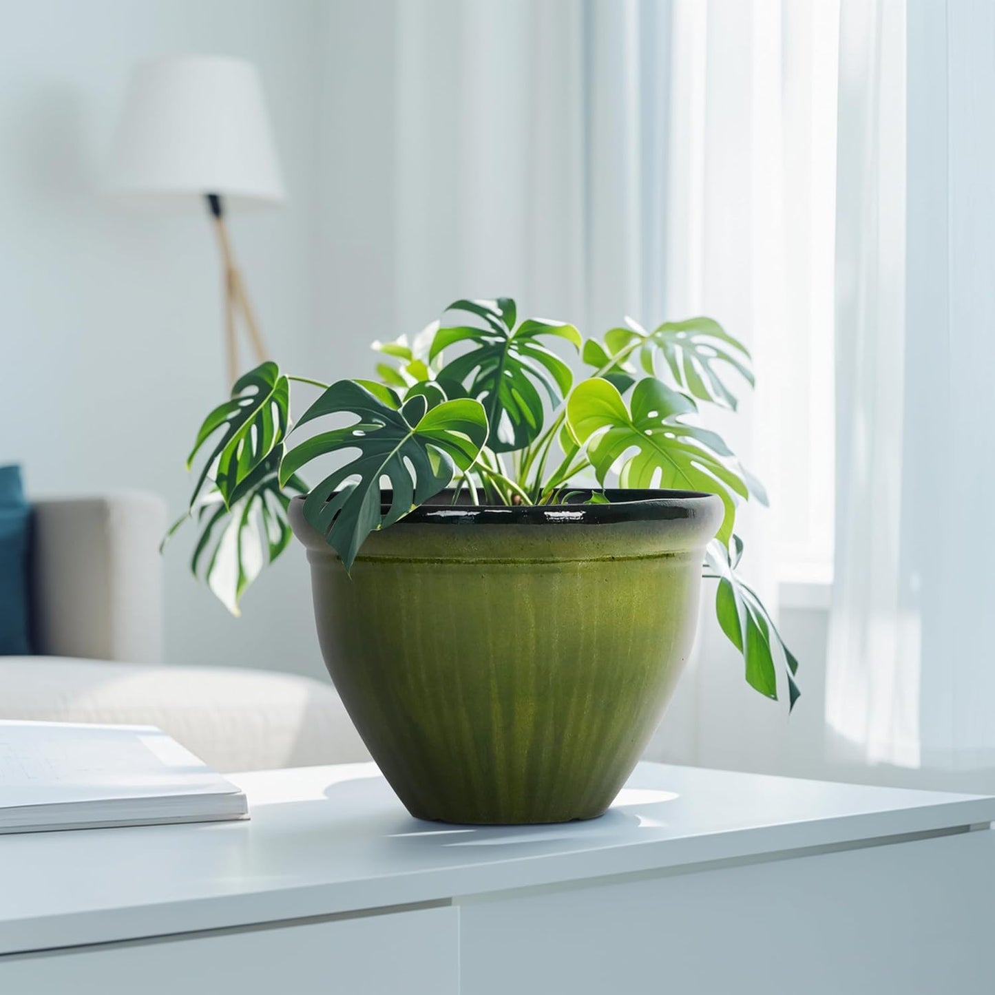 Worth Garden 8-Inch Dia. Round Green Plastic Planters with Drain Holes, 5.9-Inch Height - 2-Pack Glossy Finish Bell-Shaped Plant Pot – Lightweight Indoor/Outdoor Flower Pots