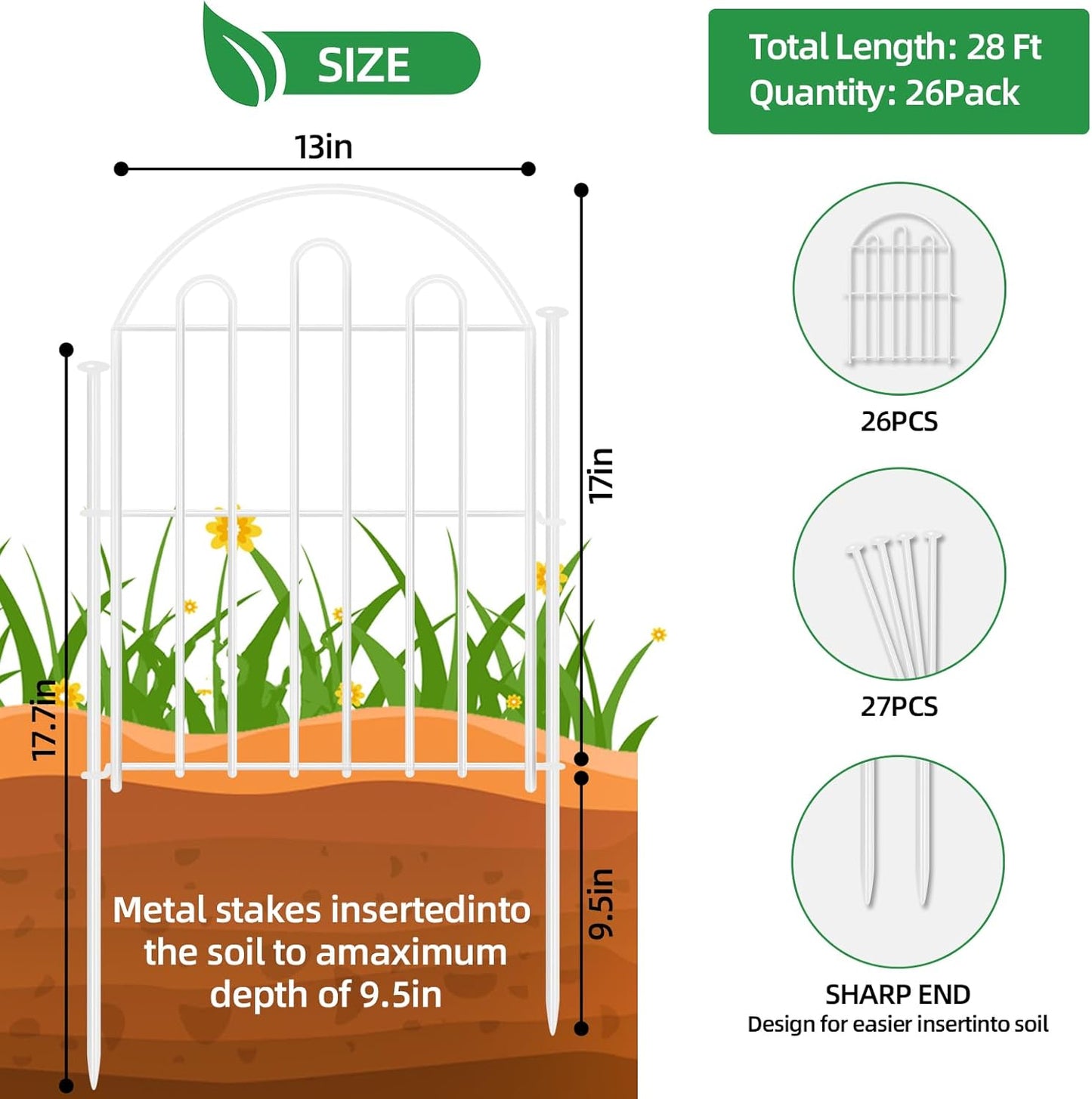 26 Pack Decorative Garden Fence, 26in x 28ft Arched No Dig Animal Barrier Fence for Dog Rabbit, Garden Edging Border, Rustproof Metal Ground Stake Border for Outdoor Yard Patio Decor, White