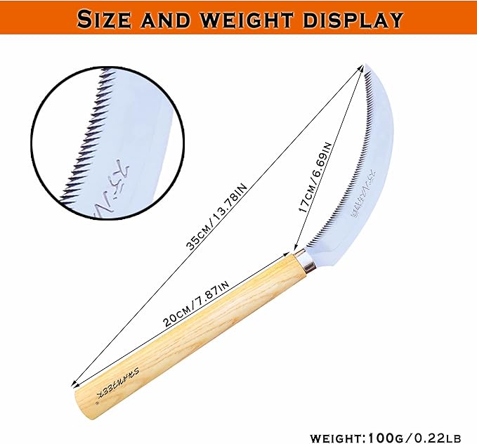 SHANFEEK Grass Sickle with Sawtooth Japanese Weeding Hoe Weeding Tools for Garden High Toughness Stainless Steel with Hard Solid Wood Handle(Yellow)