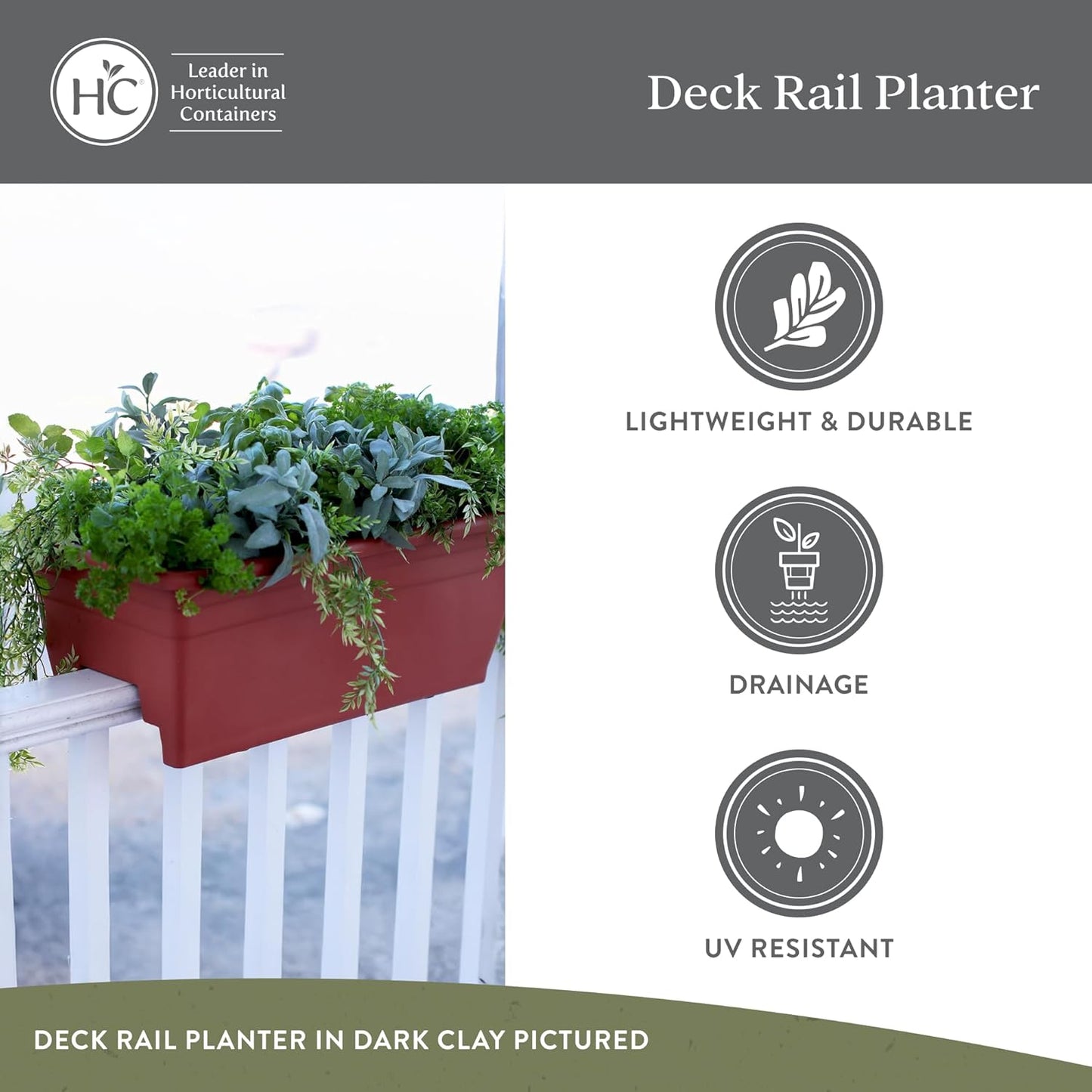The HC Companies Deck Railing Planter Box w/Removable Drain Plugs - Lightweight & Weatherproof Plastic Flower Box - Balcony Planters for Railing and Fence (24”, Black)