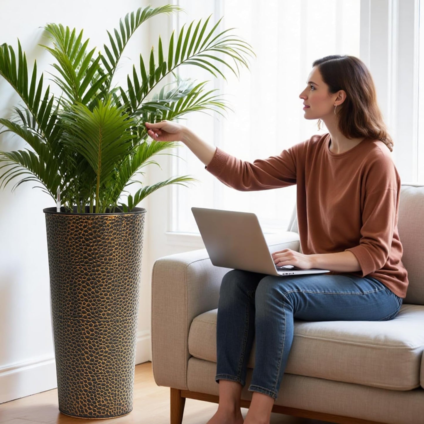 Worth Garden 2-Pack 28" H. Metal Planters with 2X Inside Pots - Hand-Hammered Texture Tall Narrow Cone Plant Pots - Large Handcrafted Bronze Flower Pot for Indoor Outdoor, Deck, Patio, Front Porch