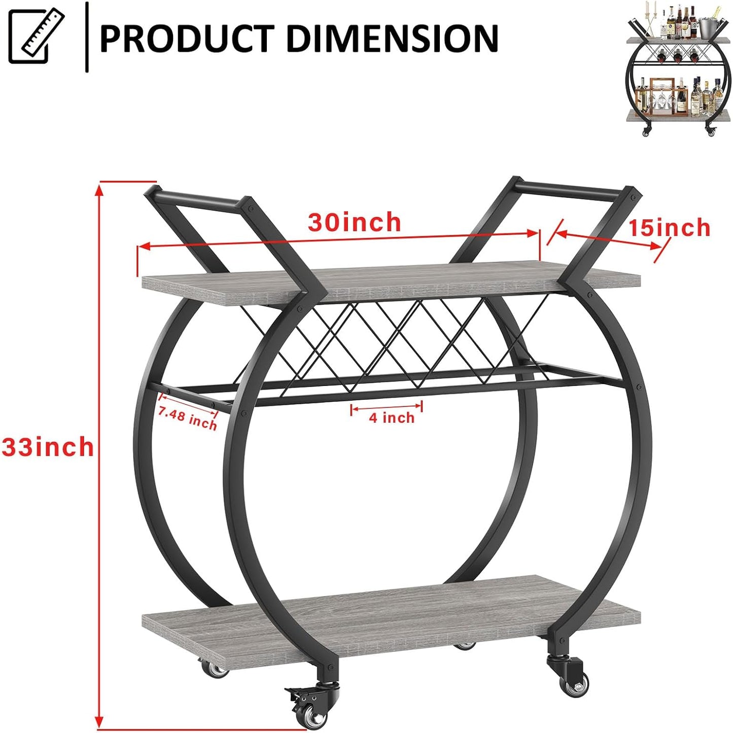 LVB Bar Cart with Wine Rack, 2 Tier Farmhouse Kitchen Cart on Wheels, Modern Wood and Metal Portable Coffee Cart Table for Home, Utility Industrial Mobile Serving Cart with Storage Shelf, Grey Oak
