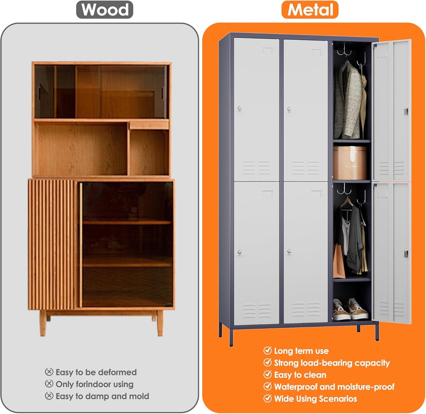 METAN Metal Locker for School Office Gym Bedroom,6 Doors Steel Storage Lockers Cabinet for Employees,Industrial Storage with 1 Shelf,Assembly Required,Gray White