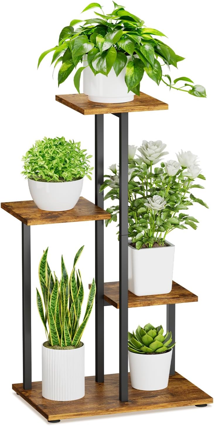 iDavosic.ly 4 Tier Plant Stand Indoor, Tiered Corner Plant Shelf for Multiple Plants, Metal Wood Tall Plant Display Rack Flower Holder for Patio Porch Garden Balcony Bedroom, Black