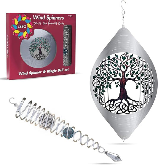ISEO Tree of Life Wind Spinner Outdoor and Gazing Ball Set, Metal Yard and Garden Decoration, Weather-Resistant Wind Spinners for Outdoor, 6.5" Cool Garden Décor, Perfect Wind Spinner Gift