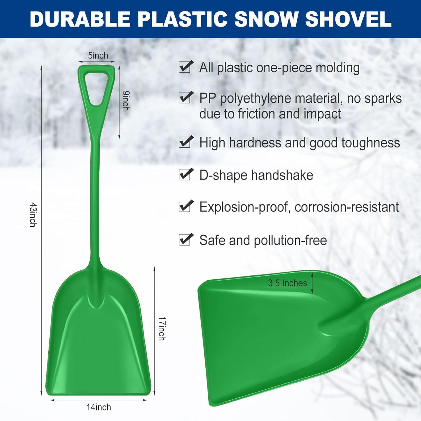 Frienda 3 Pieces Plastic Snow Shovel 43 x 14 Inches Heavy Duty Hygienic Shovel with D Shaped Grip Handle Large Durable Seamless Snow Scoop for Kitchen Gardening(Green)