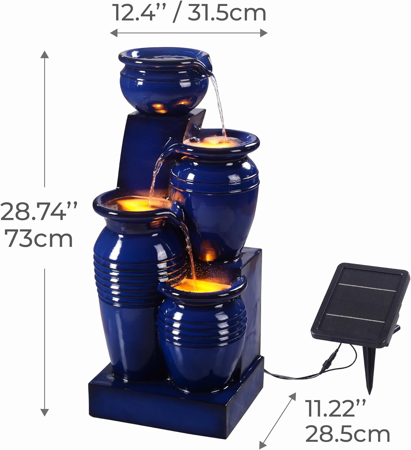 Teamson Home 28.74 in. 4-Tier Cascading Bowl Solar-Powered Water Fountain with LED Lights for Gardens, Landscaping, Patios, Balconies, Lawns, Navy Blue