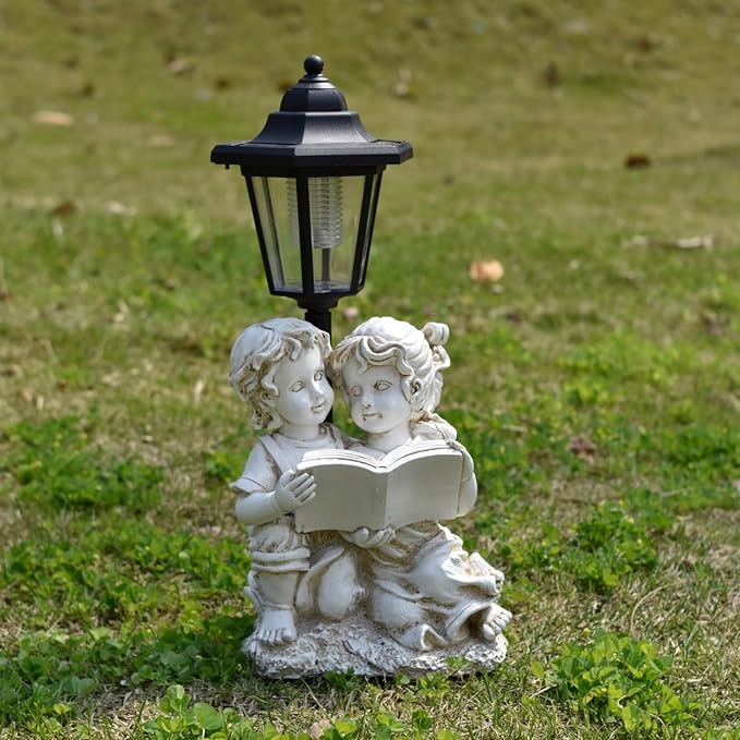 Solar Garden Outdoor Decor Statues Boy and Girl Reading Book with Light,Outside-Outdoor Decorations Sculptures for Patio Yard Lawn Walkway Ornaments Clearance Gifts for Mom Grandma Birthday