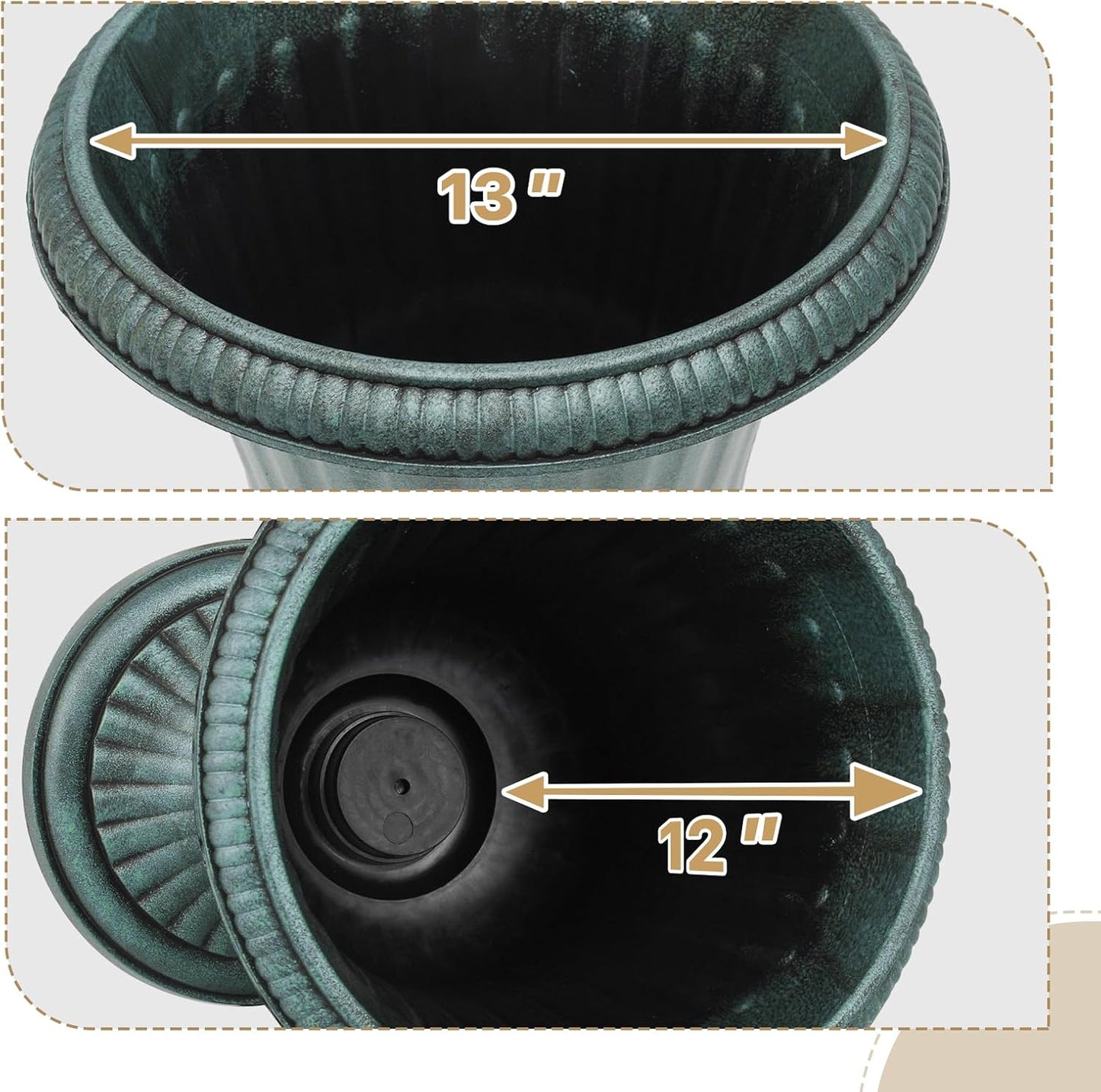 Athena Collection 20''H Bronze Garden Plastic Urn - Vintage Tall Large Planter for Indoor Outdoor Patio Porch, 2 Pieces Flower Pot, Dark Green