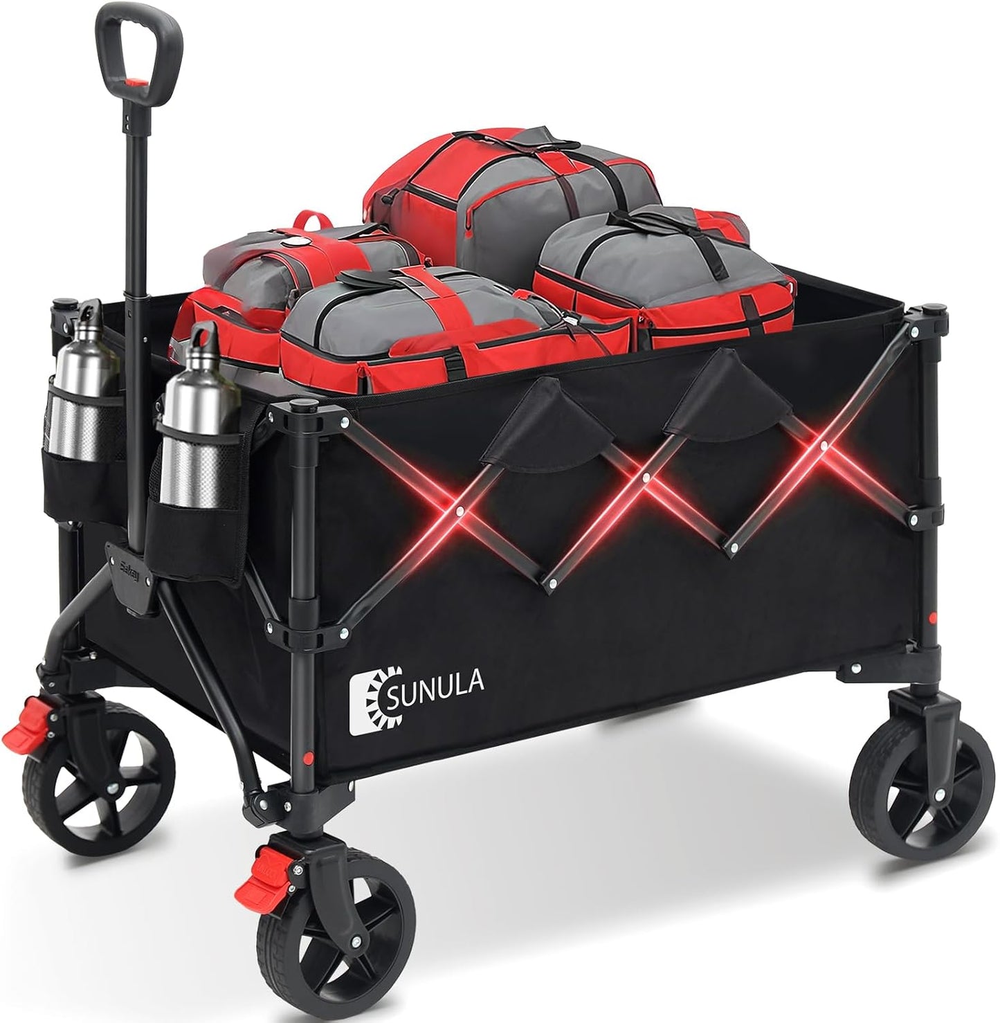 Collapsible Foldable Wagon Cart with 330lbs Weight Capacity, Heavy Duty Folding Wagon Cart with Big All-Terrain Wheels & Drink Holders. Black