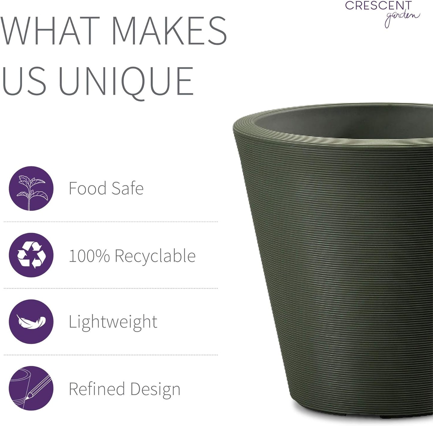 Crescent Garden Madison Planter– Weather-Resistant, Double Walled Indoor/Outdoor Plant Pot with Drain Hole – Durable All-Season Flower Container, 20" W (Olive)