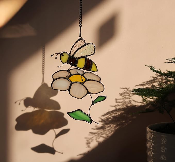 Bee Suncatcher Flower Stained Glass Window Hangings, Bee Decor Party Birthday Bee Gifts for Women,Bee Lovers, Housewarming Gifts.