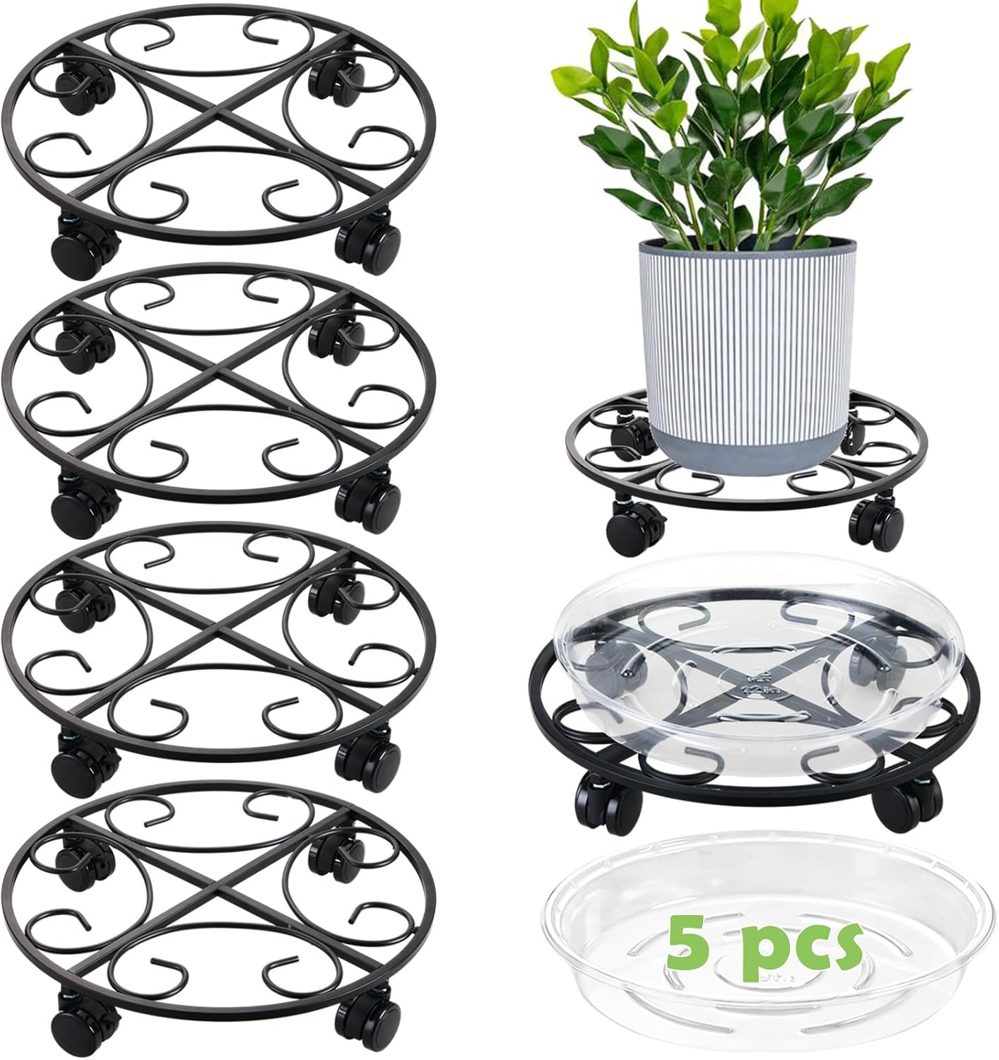 12" Metal Plant Caddy with Wheels 5 Packs Rolling Plant Stands Indoor Wheeled Plant Dolly Heavy-duty Pot Mover Roller Base Outdoor Plant Trolley Cart with Brake Casters Water-proof Dust-proof, Black