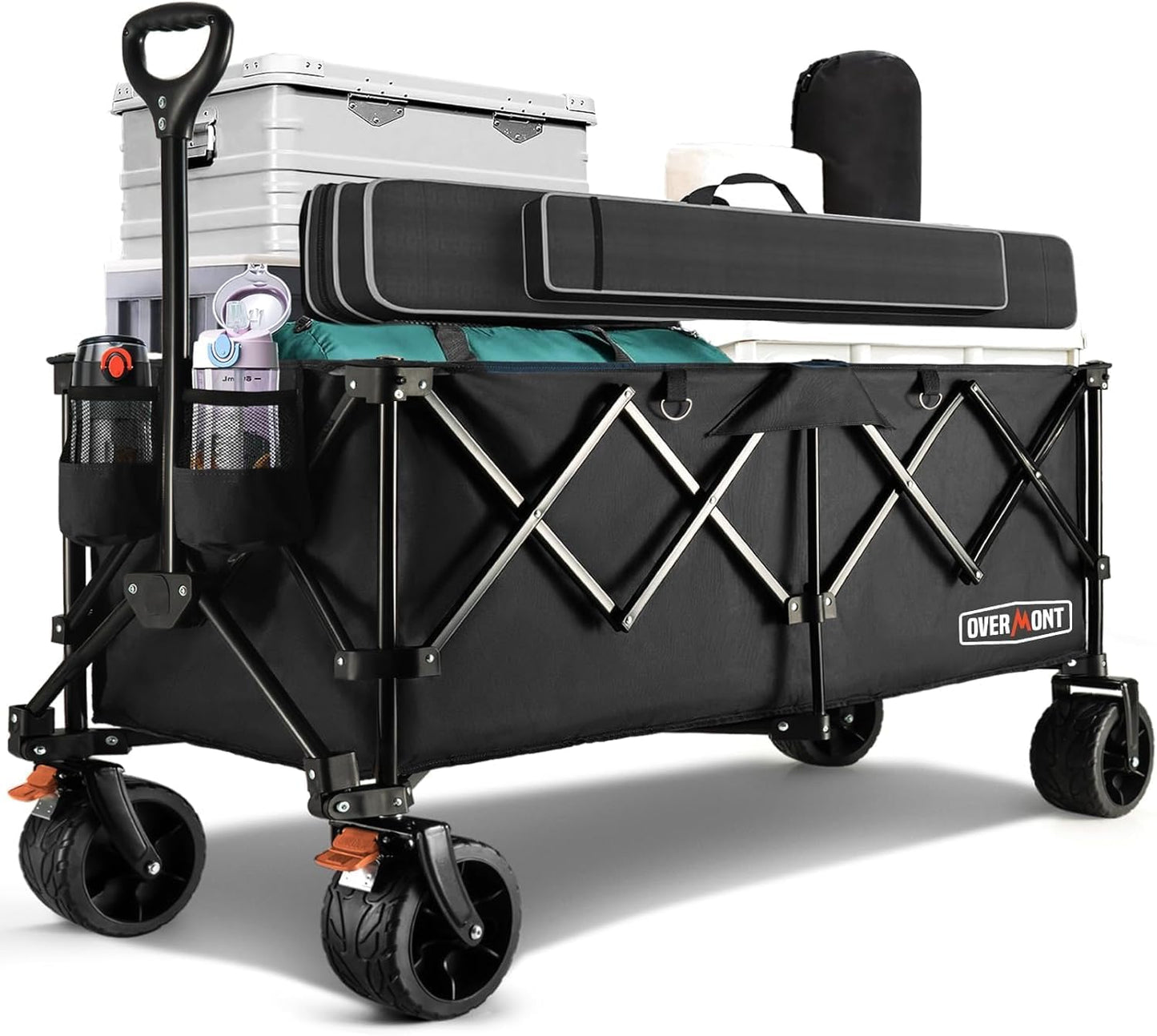 Overmont 45'' Collapsible Foldable Extended Wagon Cart - 300L Heavy Duty 440lbs Large Capacity Folding Utility Wagon with All-Terrain Wide Wheels for Camping Sports Grocery Picnic