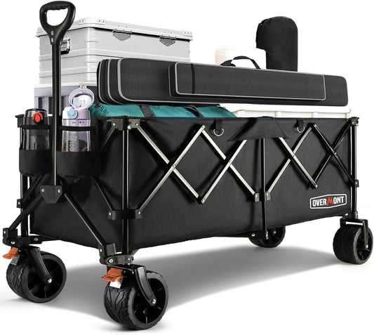 Overmont 45'' Collapsible Foldable Extended Wagon Cart - 300L Heavy Duty 440lbs Large Capacity Folding Utility Wagon with All-Terrain Wide Wheels for Camping Sports Grocery Picnic