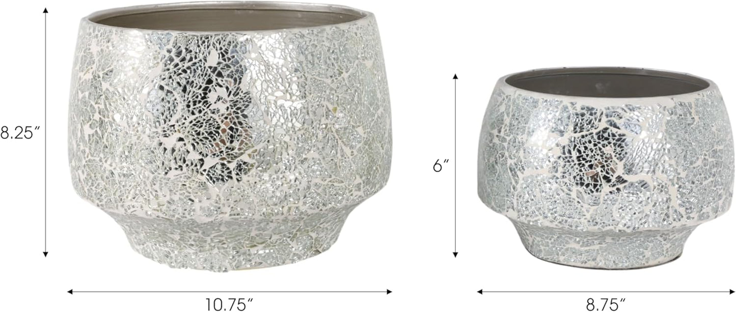 Flower Pots and Planters for Home Decor – Mosaic Indoor and Outdoor Plant Pots for Garden, Patio, or Room – Modern Pots for Indoor Plant Stand for Herbs, Succulents, or Ferns Set of 2 – 8", 6" Silver