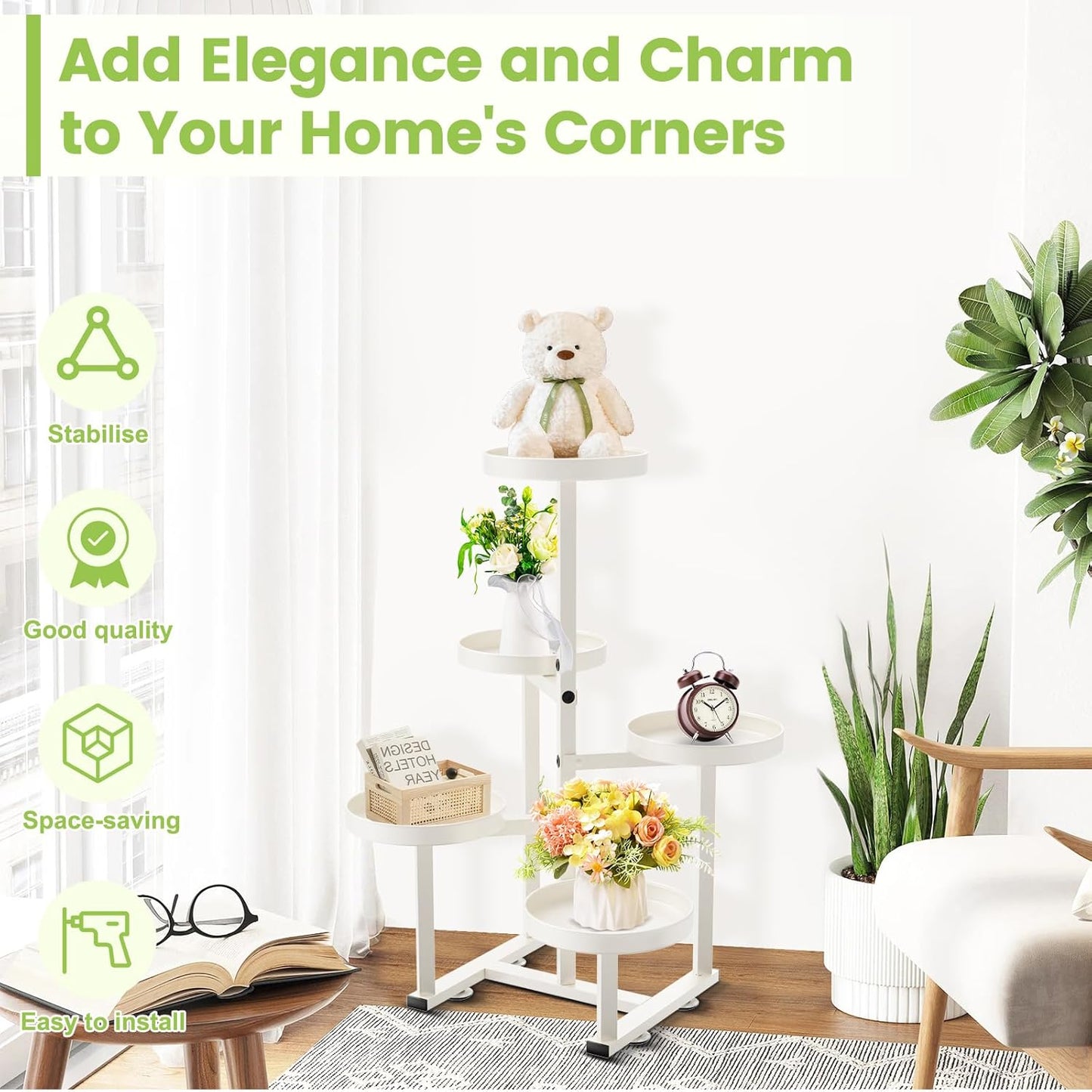 Metal Plant Stand Indoor, Corner Flower Pot Stand for Multiple Plants, 5 Tier Heavy Duty Plant Shelf for Patio Living Room Garden Balcony Office White