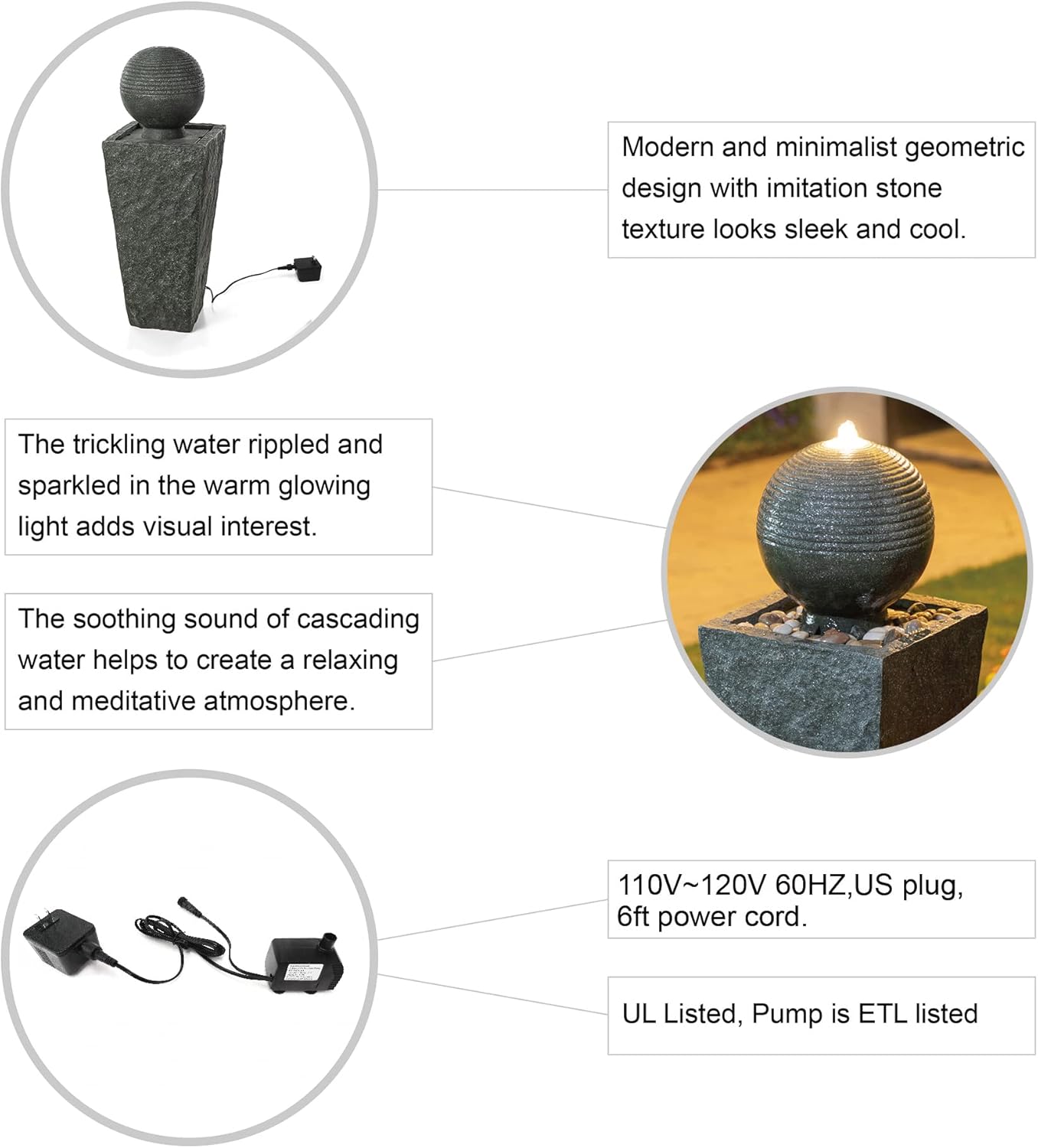 Glitzhome Outdoor Water Fountain with LED Light, Decorative Sphere Pedestal Outdoor Fountain with Submersible Pump, Vintage Waterfall Fountains for Garden Patio Deck Porch, 31.69”H