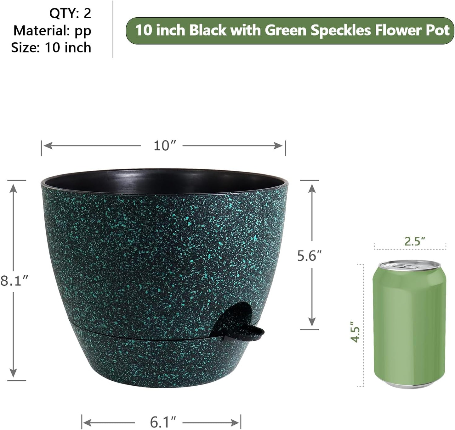 10 inch Self Watering Pots, Planter, Plant Pots with Mesh Drainage Holes for Indoor Outdoor House Plants and Garden, 2 Pack Plastic Flower Pots with Reservoir, Black with Green Speckles