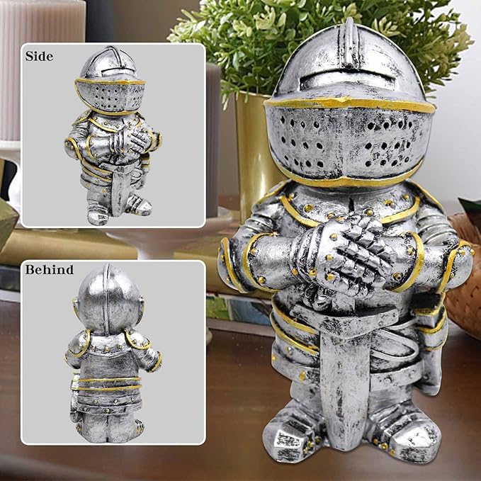 nezababy Knight Gnomes Guard Garden Statue Decoration Medieval Wee Crusader Battle Swordsman Fighting Outdoor Figurines Lawn Decor Resin (E)
