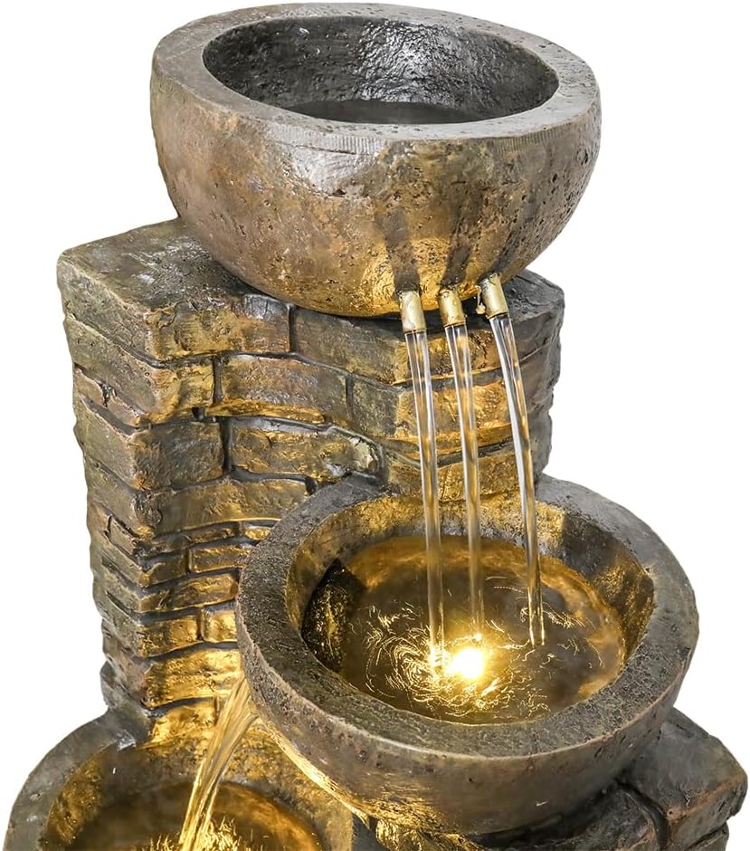 38.2 ''H Cascading Bowls and Stacked Stones with Led Lights Outdoor Water Fountain for Gardens, Landscaping, Balconies, Floor Patio,Backyard and Home Art Decor