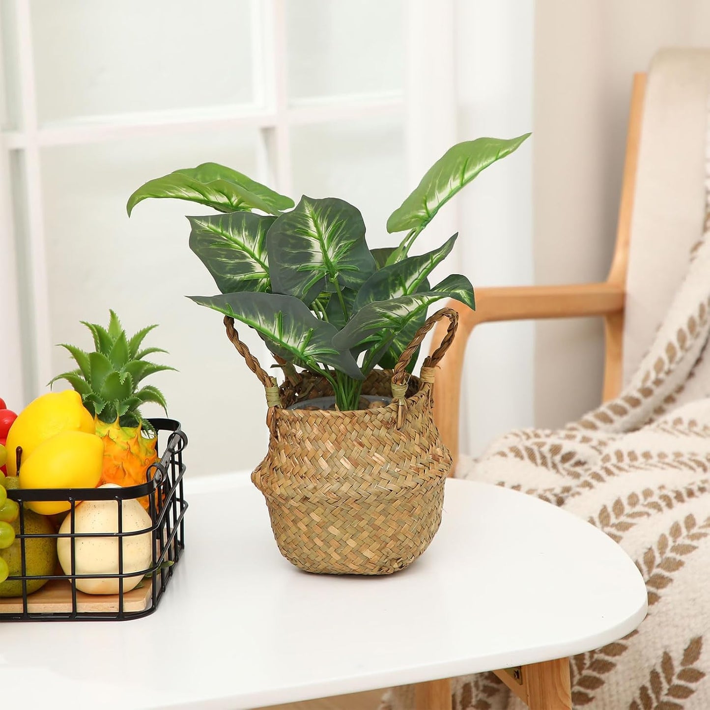 Qunclay 4 Pcs Woven Seagrass Baskets Belly Basket Folding Boho Natural Plant Pot with Handles Round Decorative Wicker Large Indoor Planter for Home Outdoor Tree Planters Decor (6.3 x 5.9 Inch)