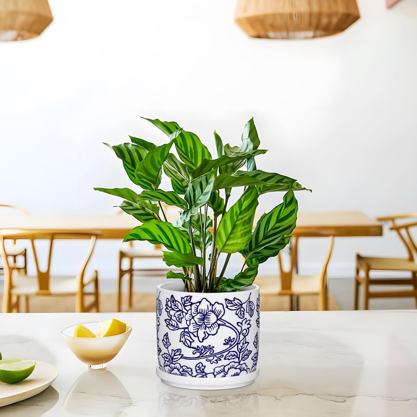 Set of 2 Blue and White Ceramic Plant Pots with Drainage Hole and Saucers, Retro Blue Porcelain Vase Round Planters for Succulent Cactus Indoor Outdoor Garden Home Desktop Decor, 4.5+5.5 Inch