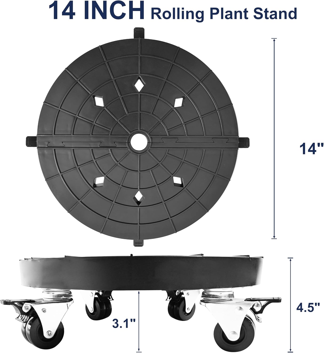 14 Inch Plant Caddy with Wheels Outdoor Indoor, Rolling Plant Stand for 400lb Heavy Duty Flower Pots, Round Plant Rollers Lockable Potted Planter Dolly, 2 Pack Black