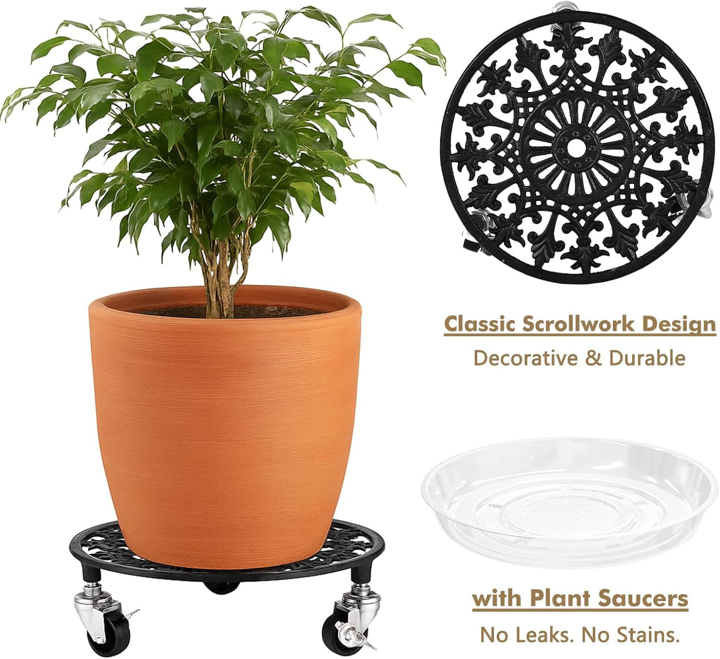 2 Pack Plant Caddy with Wheels 14 Inch Rolling Plant Stand for Large Plants Heavy Duty Plant Rollers Metal Plant Dolly Rustproof Planter Stand Wrought Iron Plant Stands Flower Cart Indoor Outdoor