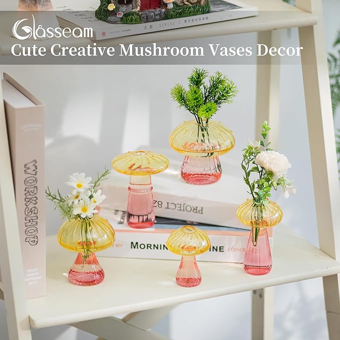 Glasseam Mushroom Plant Propagation Stations: Colored Glass Terrarium Jar Set of 5 Cute Planters for Indoor Plants Mini Propagate Station Unique Christmas Birthday Gifts for Women Home Office Decor
