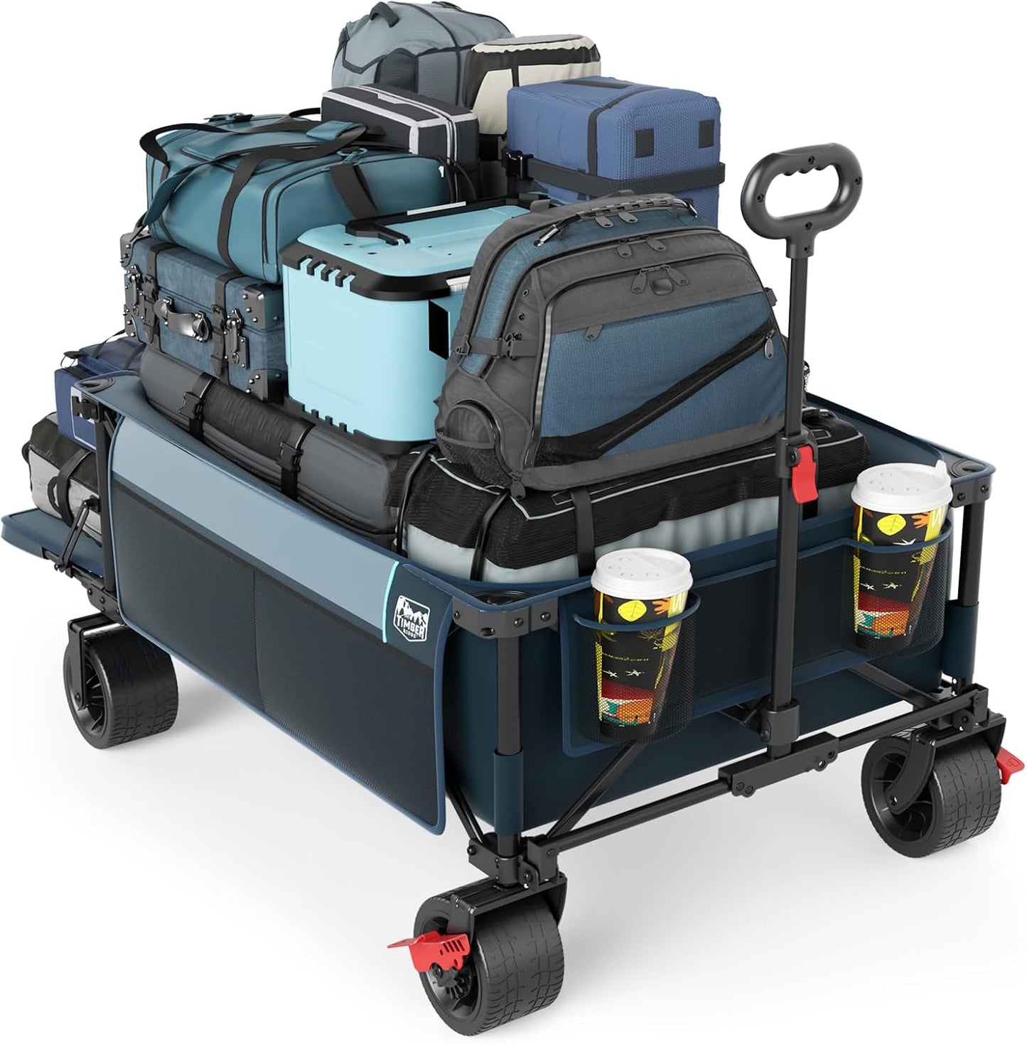 TIMBER RIDGE 600L Beast Wagon 26" W Extra Wide All Terrain Folding w/Big Wheels, Cargo Net & Tailgate, 26" W and 55" L, Capacity and 400lbs Heavy Duty Collapsible Portable Cart, Blue