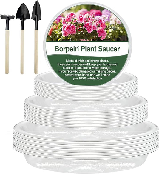 BORPEIN Plant Saucer (8,10,12inch, 18 Pack) Clear Plastic Plant Trays for Pots Indoors Outdoors,Thicker Flower Pot Saucers, Plant Plate to Catch Water