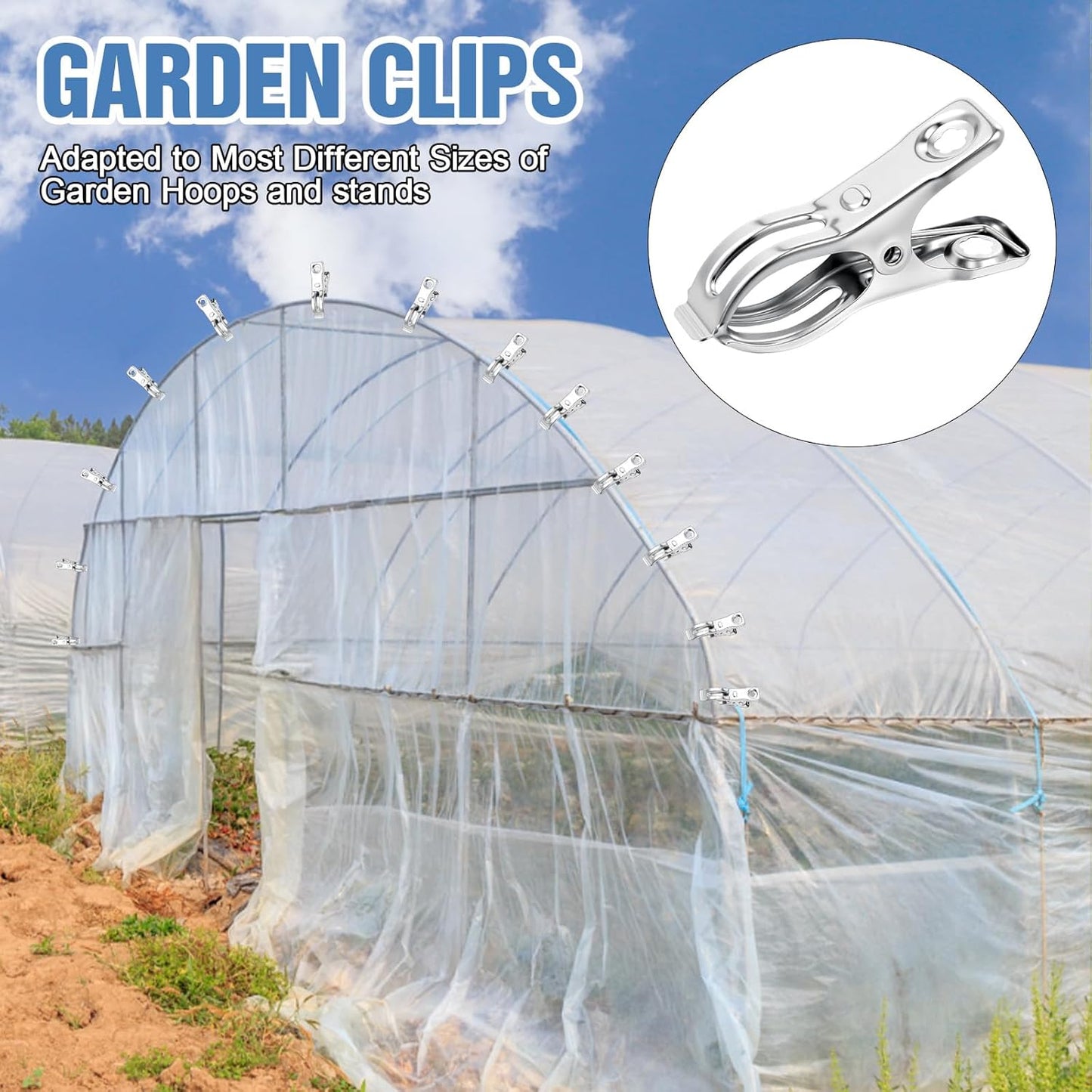 Upgraded 200 PCS Garden Clips, Greenhouse Clamps 100% Stainless Steel Heavy Duty Greenhuose Clips for Netting - Strong Grip to Hold Down Shade Cloth or Plant Cover on Garden Greenhouse Hoops