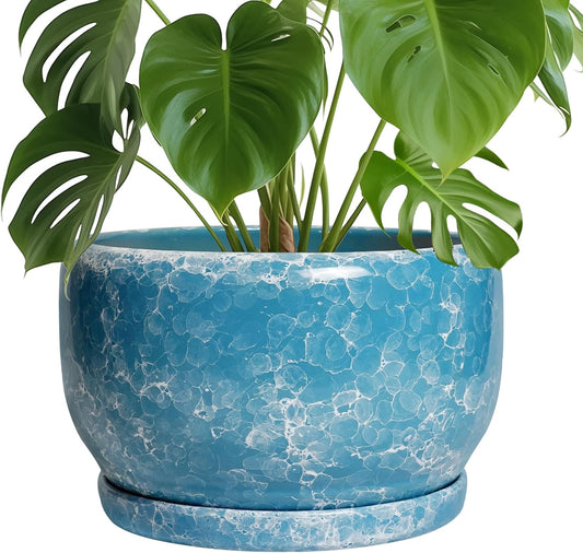 SQOWL Ceramic Planters - 10 Inch Plant Pot Indoor with Drainage Hole and Saucer, Decorative Flower Pot Outdoor, Round Large Planter, Living Room Office Garden Decor, Plant Lover Gifts for Women, Blue