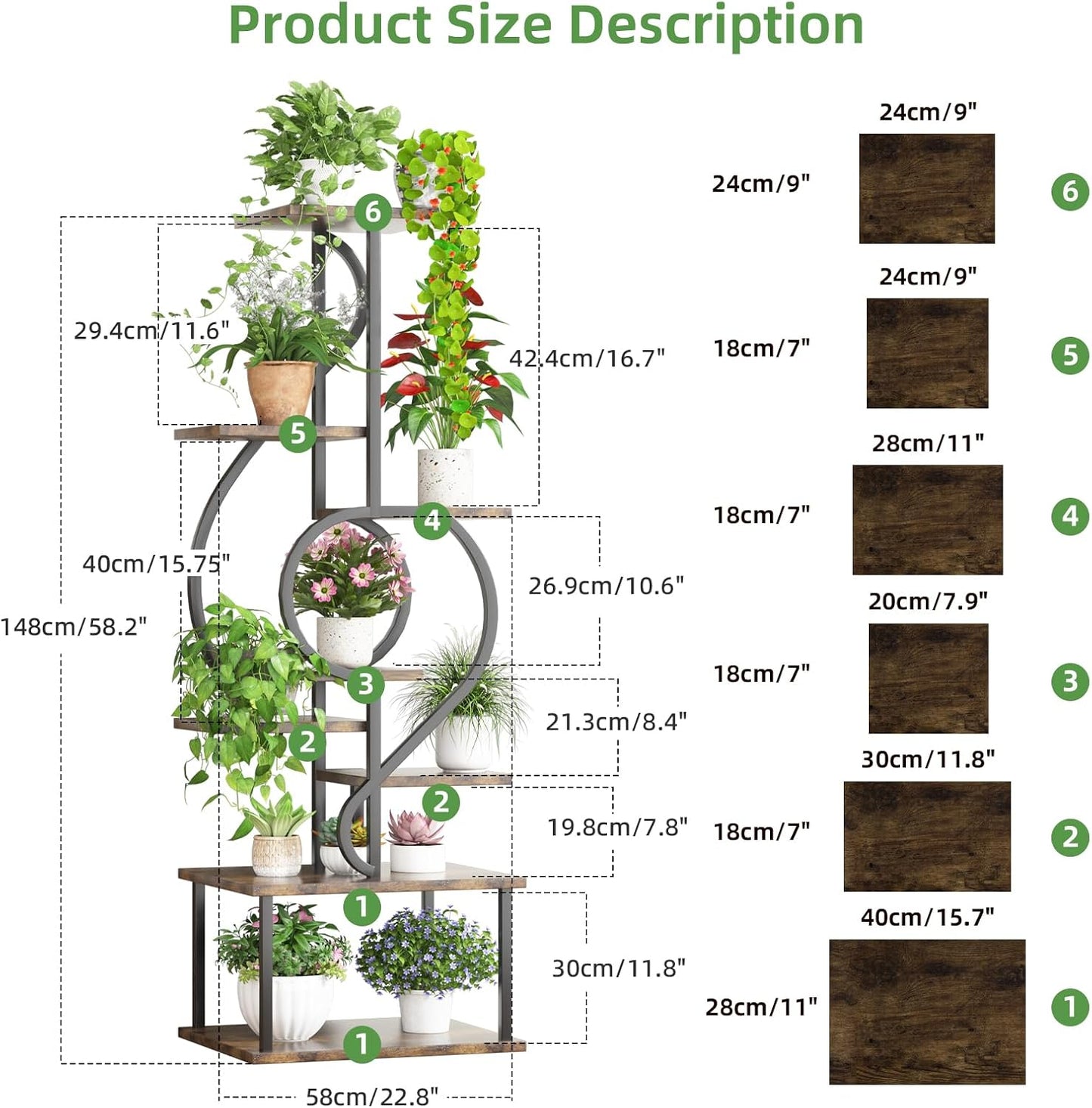 Plant Stand Indoor with Grow Light,8 Tiered Indoor Plant Stand,58" Tall Plant Flower Shelf,Creative Note Shaped Plant Holder for Home,Patio,Brown