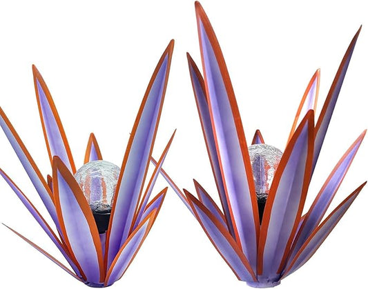 Metal Agave Plant Garden Art, 2 Pack Tequila Rustic Sculpture, Rustic Metal Agave Plants Garden Lawn Home Ornaments, for Yard Stakes, Garden Figurines, Outdoor Patio (2 PCS Purple with Light)